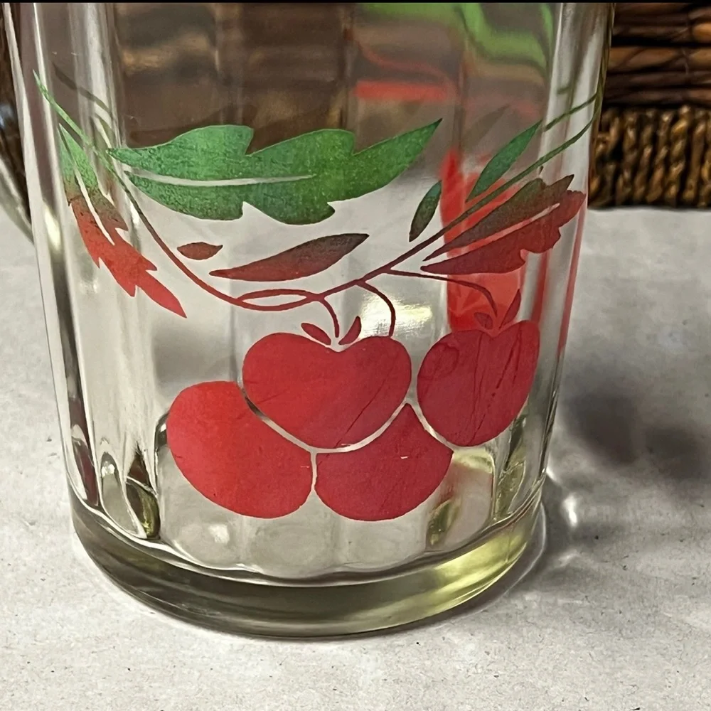 Vintage Glass Juice Ice Lip Pitcher With Cherry Motif